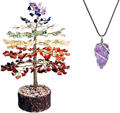 שבע עץ קריסטל של צ'אקרה לאנרגיה חיובית - עץ צ'אקרה - עץ חיים תפאורה - תליון קריסטל - שרשרת אמטיסט מתנות רוחניות