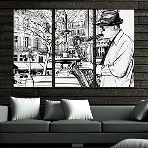 אמנות קיר לסלון, סקסופוניסט מגלם סקסופון ברחוב של פריז ממוסגר ציור שמן דקורטיבי, סט יצירות אמנות מודרניות