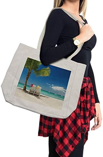 תיק קניות של Ambesonne Seaside, סצנה מרגיעה בחוף חופשה עם כסאות עץ דקל וסירות תמונה פנורמית, תיק לשימוש