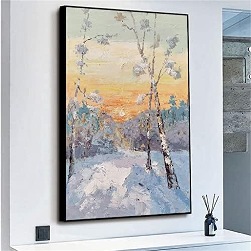 ZJHYXYH חורף עץ שלג מחוץ לזריחה יפה בגודל גדול צבוע ביד שמן עבה ציור קיר אמנות בית קישוט