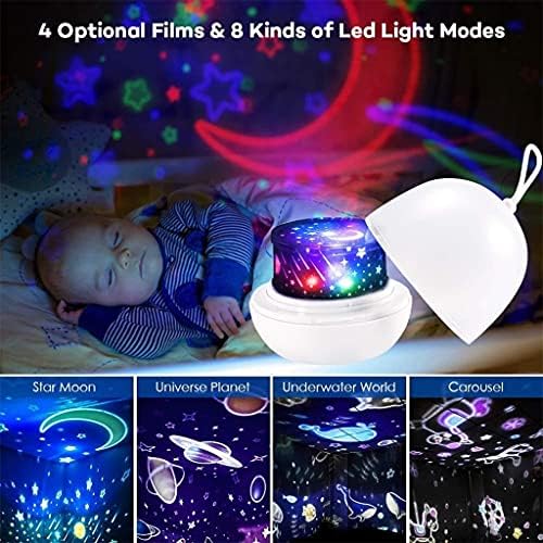 SXYLTNX LIGHT Light מקרן מעדן 4 סרטי סט 360 ° סיבוב 8 מצבי תאורה LED LED LIGHT LINGE מנורת לילדים קישוט לחדר שינה
