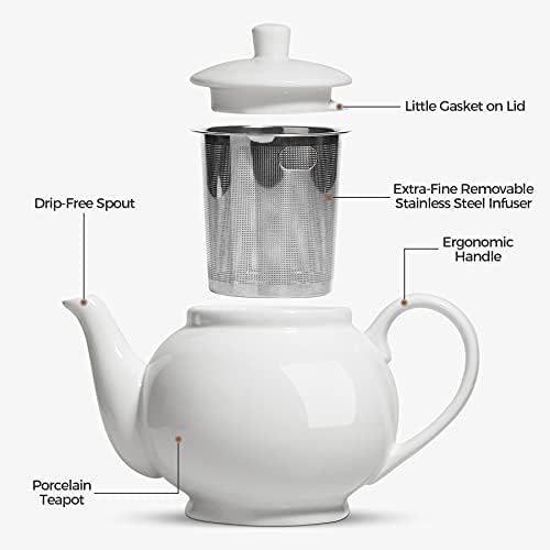 קומקום חרסינה של COMSAF עם Infuser ומכסה נשלף 37oz, סיר תה גדול עם נירוסטה דק רשת דק, יצרנית תה קרמיקה