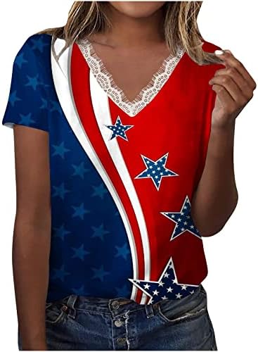2023 נשים 4 ביולי צמרות דגל אמריקאי דגל מודפס תחרה תחרה V צוואר חולצות פטריוטיות חולצות רופפות מזדמנים
