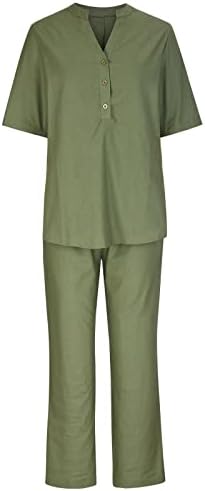 HGPS8W פשתן כותנה לנשים שני חלקים תלבושות קיץ רופף 3/4 שרוול גדול עליון גדול ומכנסיים קצוצים קבעו אימונית