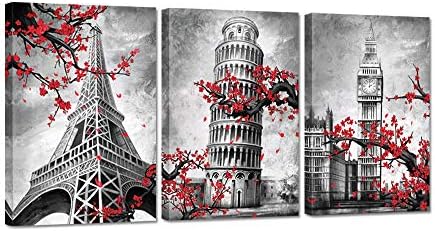 3 חתיכות בניין בד קיר אמנות מגדל אייפל מגדל הנטוי של פיזה ביג בן שזיף פרח מפורסם אדריכלות שחור ולבן