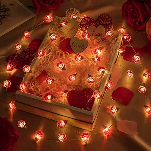 ולנטיין רומנטי אדום אורות מחרוזת ורדים, 30 LED 10 ft פרחים קישוט פיות מקורה עם טיימר, קישוט ליל