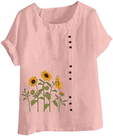 צמרות קיץ של Tuianres לנשים לחצני כותנה פשתן חמניות הדפס חולצת טש חולצת פלוס גודל שרוול קצר טי בסיסי