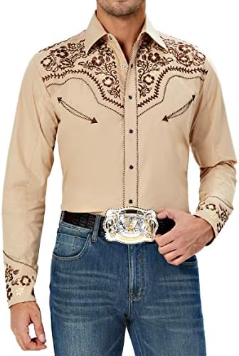 סאלוואה אוסטה מערבי רקום קאובוי חולצות לגברים, מזדמן כפתור למטה ארוך שרוול חולצה פרחוני עיצוב רטרו חולצה