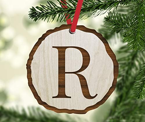 עיתונות Andaz חרוטת מעץ טבעי אמיתי מונוגרמה מונוגרמה אלפבית קישוט לחג המולד מתנה, מונוגרמה מכתב ראשוני R