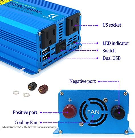 קנטונאפ 500 וואט סינוס טהור מהפך 12V עד 110V ממיר מהפך AC AC עם מתאם מכוניות USB 3.1A ותקע מצית סיגריות