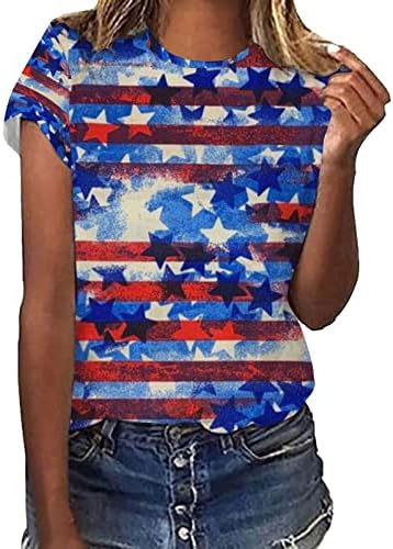 טוניקת קרוע נשים מקרית אמריקה דגל הדפסת צוואר קצר שרוול חולצה חולצות טיז חולצה נשים משי כפתור למטה