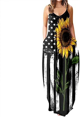 4 ביולי מקסי שמלות לנשים מקרית קיץ בוהו שמלת אמריקאי דגל סקופ צוואר קאמי שרוולים פטריוטי שמלה קיצית
