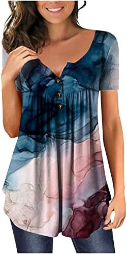 נשים צמרות טרנדי פרחוני מודפסות חולצות הנלי רופפות טוניקות בקיץ קז'ון שרוול קצר ללבוש עם חותלות