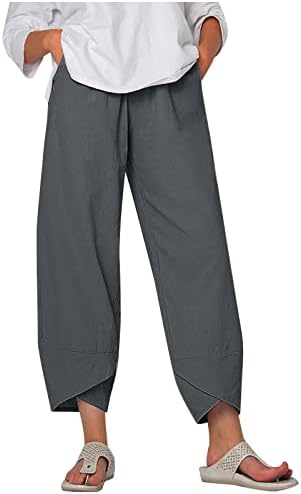 מכנסי פשתן של Uofoco לנשים מותניים אלסטיים מזדמנים מכנסיים רחבים וקצוצים עם כיסים