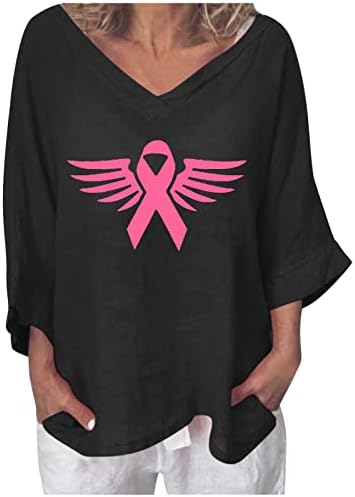 3/4 שרוול שרוול סרטן שד מודעות לחולצה לנשים מלאך ורוד סרט הדפסת טי גרפי V עטוף צוואר חולצה רופפת למעלה