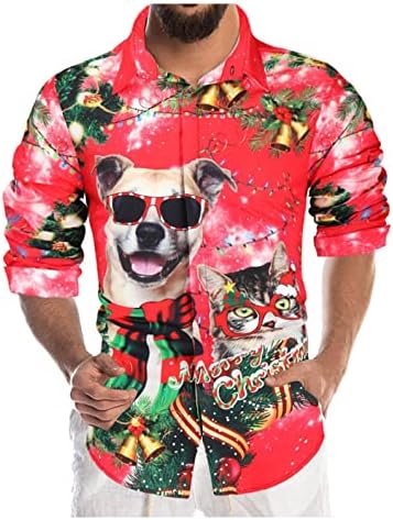 XXBR חולצות חג מולד שמח לגברים, חג המולד סנטה קלאוס חתול כלב מודפס כפתור מטה צווארון צווארון מזדמן
