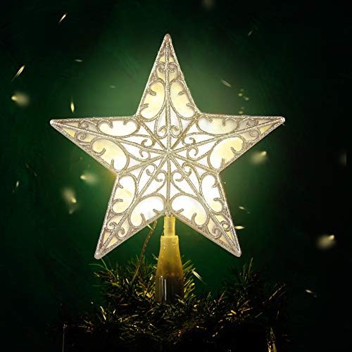 טופר עץ כוכב JueGoal עם 10 אורות לבנים חמים LED, קישוטים מוארים של עץ חג המולד מואר, זהוב