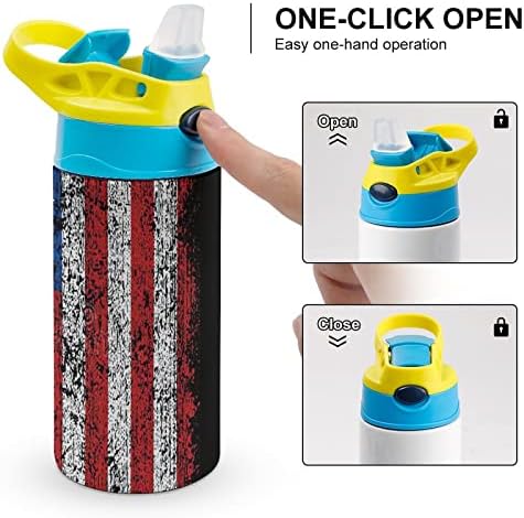 בקבוק מים לילדים, בקבוק מים מבודד דגל אמריקאי נירוסטה עם קש, קל פתוח ונקי חסין דליפות 17 עוז / 500 מיליליטר, אידיאלי