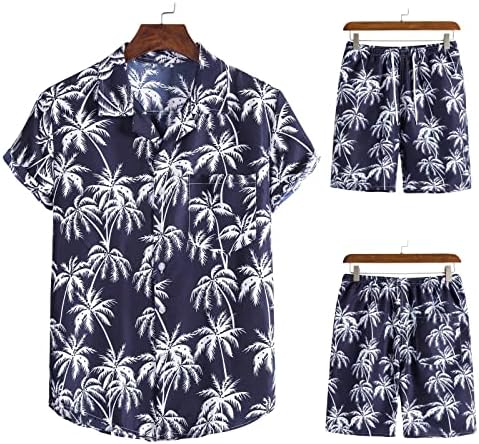 גברים כפתור פניות מזדמנים קרדיגן הוואי בסגנון הדפסת חולצה של חוף שרוול קצר ומערכות מכנסיים קצרים
