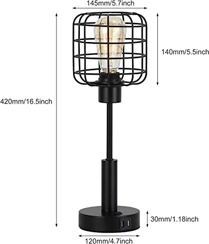 JS Nova Juns מנורת שולחן תעשייתי עם נמל USB, מנורת ליד המיטה עם כלוב חוט מתכת, מנורה שידת לילה מושלמת