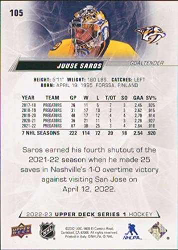 2022-23 סיפון עליון 105 Juuse Saros Nashville Series Series 1 כרטיס מסחר בהוקי NHL