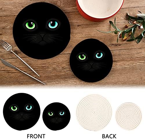 מחזיקי סיר לחתולים שחורים למטבח כותנה מחזיק עגול סט של 2 תחתיות מסוגננות עמידות לחום כותנה קוטלי