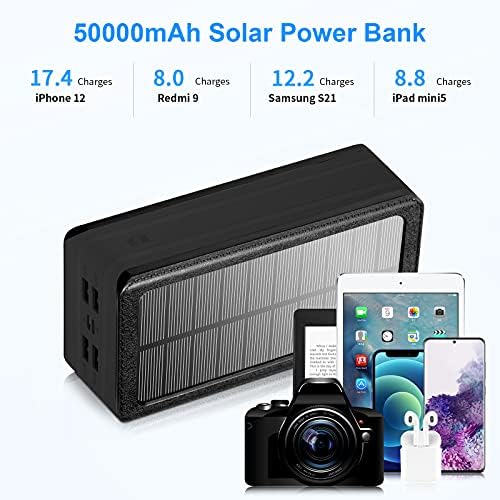 בנק חשמל סולארי 50000mAh, מטען טלפון סולארי נייד עם פנס, 4 יציאות פלט, 2 יציאות קלט, בנק סוללות סולארי התואם