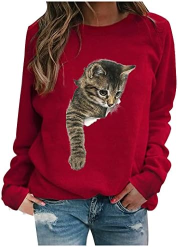 נשים 3 חולצות סווטשירט הדפסת חתול חמוד חתול בכיס גרפי טי סוודר חולצה מזדמן שרוול ארוך צווארון עגול