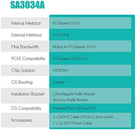 Glotrends 4 יציאות PCIE SATA כרטיס הרחבה, כולל כבלי SATA וכבל חשמל מפצל 1: 5 SATA, תומך באתחול מערכת ההפעלה, תואם