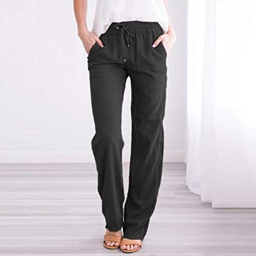 מקרית קיץ פשתן מכנסיים לנשים כושר רופף ישר רגל מכנסיים גבוהה מותן ארוך מכנסיים עם כיסים נוח מכנסיים