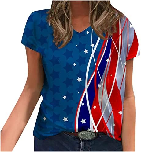 חולצת 4 ביולי חולצה יום עצמאות נשים צמרות רופפות V צוואר שרוול קצר דגל אמריקאי הדפס 4 ביולי טיז פטריוטי