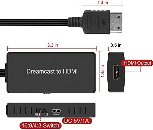 Zuzong Sega Dreamcast ל- HDMI Converter, תומך 4: 3/16: 9 מתג, מצחיק ומנגן ממיר HDMI עבור Sega Dreamcast,