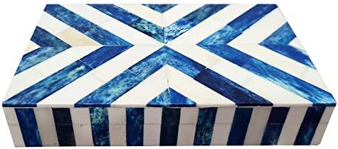 Collectiblesbuy קופסה דקורטיבית כחולה ולבן בעיצוב שברון מעוצב עצם שיבוץ שיבוץ מזכרת מארגן תכשיטי קופסאות