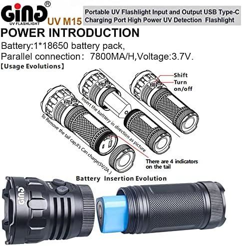 GING UV Flashlight UV M15 365NM Blacklight כוח גבוה 3 חרוזי UV קלט אור קלט ויציאת טעינה פלט שחור סוללות