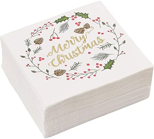 50 חבילה מפיות קוקטיילים לחג המולד שמח לקוקינס לאספקת מסיבות חג, זר עם עיצוב נייר זהב