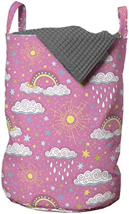 שק כביסה גשם אמבסון, דפוס בסגנון שרבוט עם מקלחת קשתות בענן עננים גשומים קשת וכוכבים צבעוניים, סל