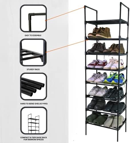 בית נאמן: מארגן מתלה נעליים פשוט, ניתן לגיבוב 8 שכבות עם ווים צדדיים לכניסה, 16-20 זוגות מדפי נעלי מתכת, שחור