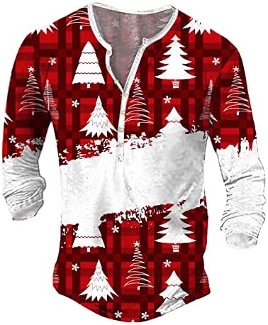 חולצות הנלי חג המולד של ווקאצ'י לגברים מכוערים חג המולד איילים הדפס פתית שלג שרוול ארוך V כפתור צוואר למטה חולצה