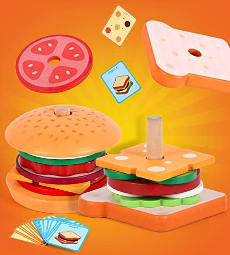 Mikneke Wood Burger Sandwich Sandwich Starking צעצועים לילדים, משחק צעצועי אוכל מזויפים לפעוטות, צעצועים מונטסורי