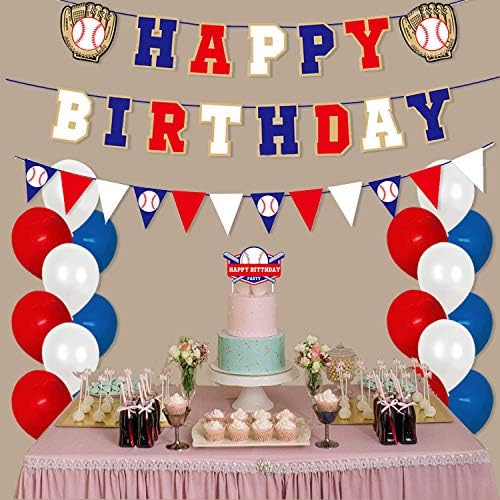 בייסבול נושא קישוטים ליום הולדת ציוד מסיבות MLB יום הולדת שמח באנר כחול אדום בלונים לבנים עוגת בייסבול