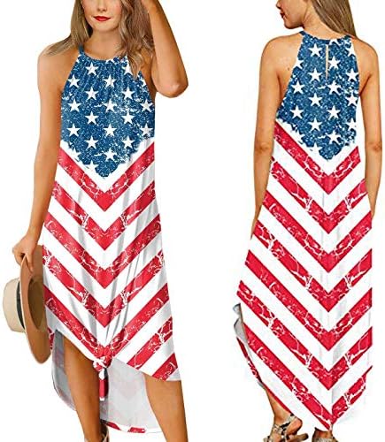 4 ביולי מקסי שמלות לנשים קיץ מקרית בוהו שמלת ארה ב דגל קאמי שרוולים סקופ צוואר פטריוטית טוניקות