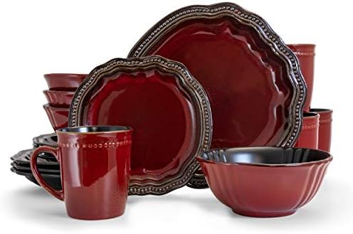 Elama עגול סגלגל סגלגל סגלגל משובח ערכת כלי אוכל משובחת, 16 חלקים, אדום כהה עם מבטאי ברונזה