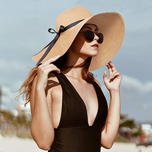 נשים קש כובע רחב ברים תקליטונים חוף שמש כובע לנשים 50 + מתכוונן רצועת חופשה