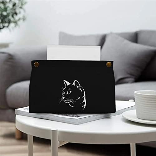 פרצוף חתול על קופסת רקמות שחורה כיסוי עור PU מחזיק קופסת רקמות מלבנית מארגן נייר מקרים מלבני