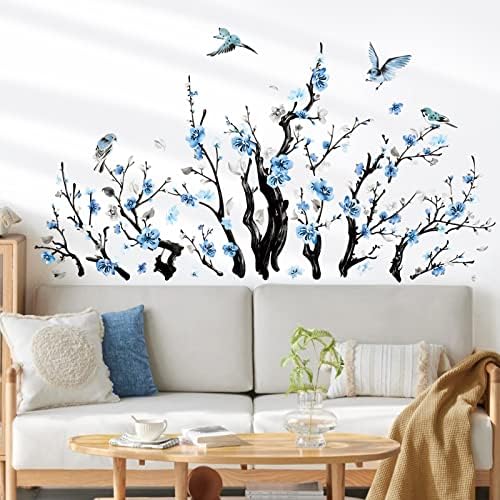 אופן כל צבעי מים עץ עץ עץ מדבקות קיר מפריחות ציפורים פרחוניות כחולות קליפות ומדבקות אמנות קיר מקל לחדר
