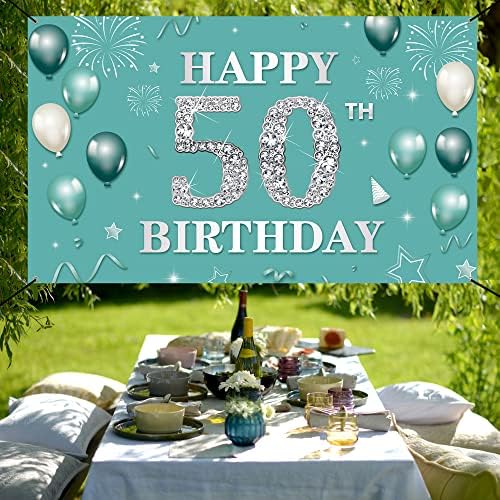 באנר רקע לקישוט יום הולדת 50, כסף צהבהב קישוטים ליום הולדת 50 שמח לנשים, טורקיז מסיבת יום הולדת