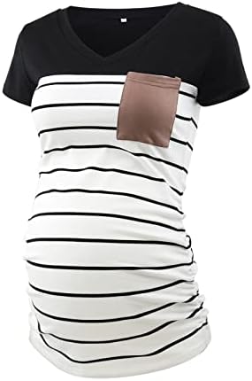 חולצות הריון מקרית של אקאבוס לנשים חולצת טריקו קצרה ושרוול ארוך עם צווארון צבעוני עם כיס