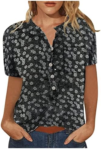חולצת טריקו קיץ של נוקמופו לנשים עליון אופנה מזדמן כותנה פשתן כפתור מודפס צווארון חולצה עם שרוולים קצרים