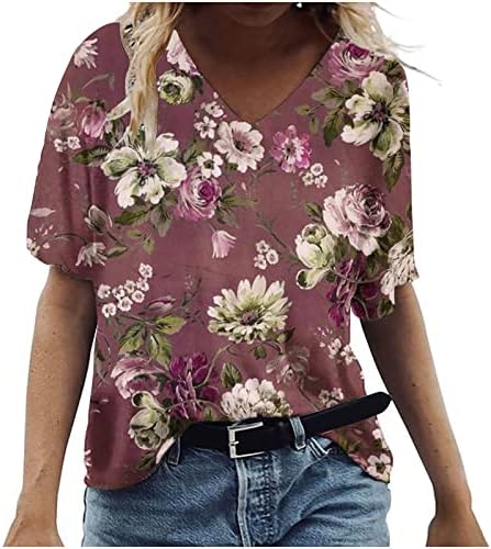 בנות 2023 שרוול קצר כותנה פרחוני גרפי טרקלין רופף חולצה גדולה מדי טי חולצת צוואר לנשים