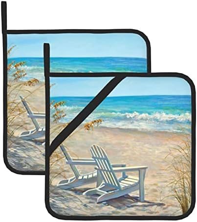 סצנת חוף עם כסאות מחזיק סיר רפידות תנור: מחזיק סיר עמיד בחום עמיד בחום של 2 לבישול ברביקיו ואפייה של מיקרוגל